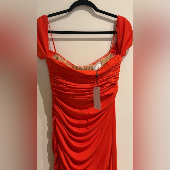 CINQ A SEPT NWT Delaney Off-Shoulder Ruched Midi Dress Burnt Orange Size 10 - Picture 8 of 13